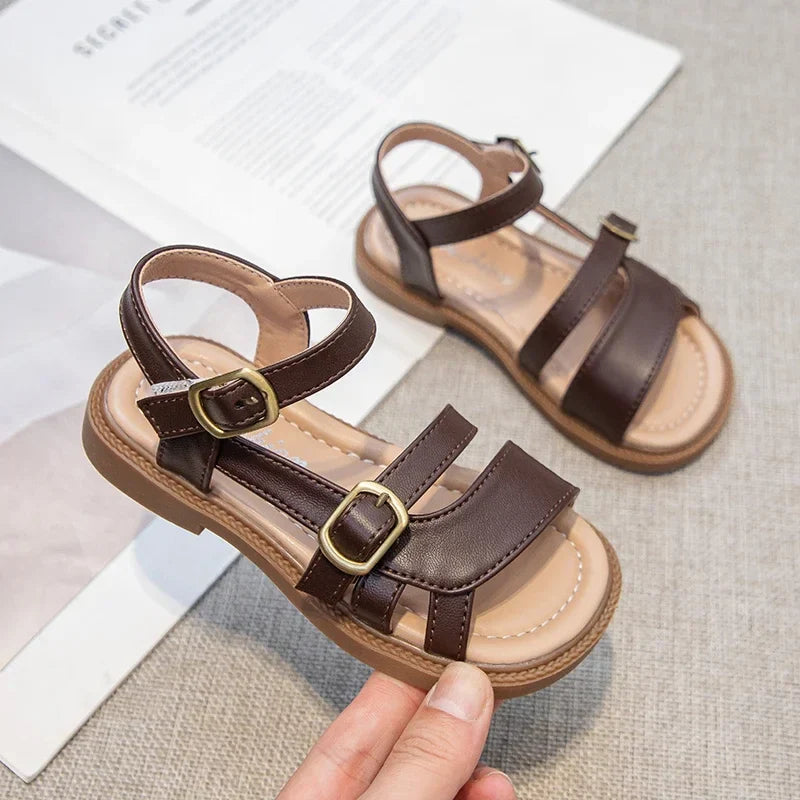 Girls Roman Sandals Open Toe Little Kids Leather Sandals with Buckle Open Toe Children Summer Beach Shoes Non-Slip Soft Sole