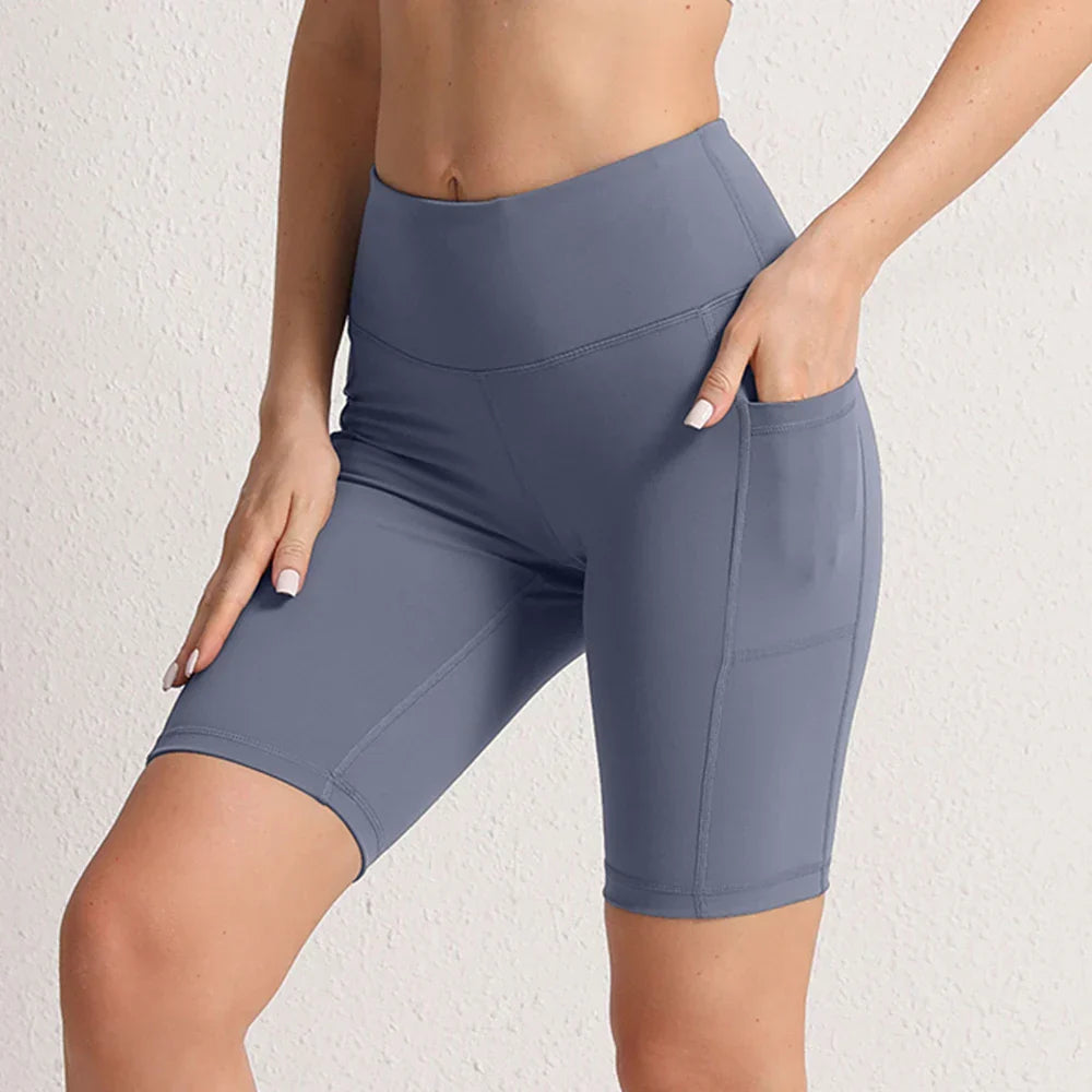 Women Yoga Shorts with 3 Pockets Seamless Gym Fitness Tights Elastic Cycling Shorts Female Solid Color Leggings