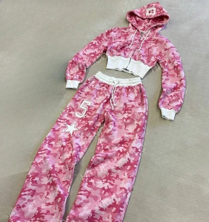 Pink Letter Graphic Zipper Sportswear Clothes  Y2K FashionWomen's Casual Short Top Set Sweatshirt Loose Sport Pants