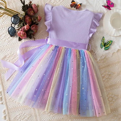 Sweet Girls Flying Sleeves Bow Sequin Dress Kids Baby Girl Birthday Party Fluffy Tutu Princess Dress 1-5Y