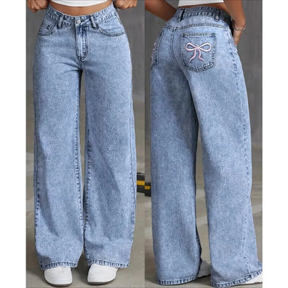 High waisted  Bow Embroidered Pocket Wide Leg Jeans