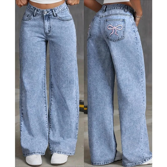 High waisted  Bow Embroidered Pocket Wide Leg Jeans