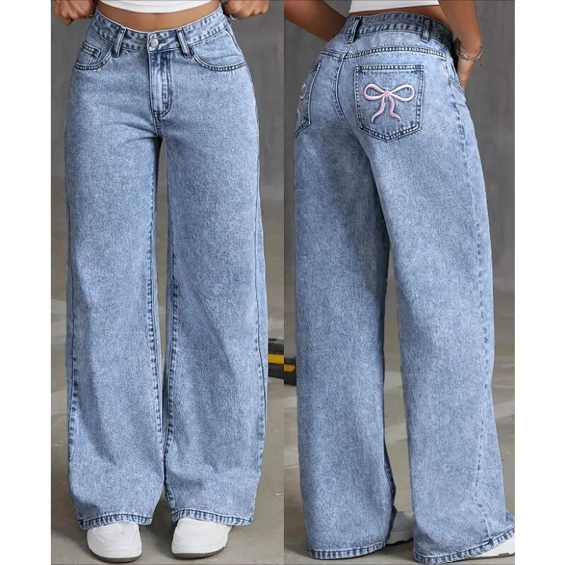 High waisted  Bow Embroidered Pocket Wide Leg Jeans
