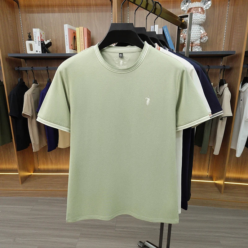 Summer New Cotton Men's Light Luxury Embroidered Versatile Round Neck Loose Short Sleeved Top