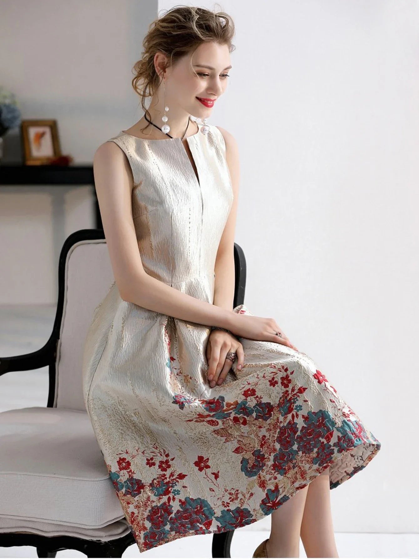 Luxury Women Fashion High Quality Jacquard A Line Ball Gown Sleeveless Summer Casual Clothing Midi Femme Party Dressses