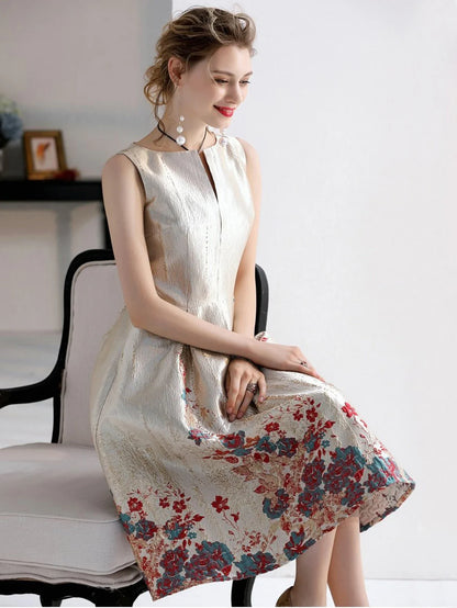 Luxury Women Fashion High Quality Jacquard A Line Ball Gown Sleeveless Summer Casual Clothing Midi Femme Party Dressses