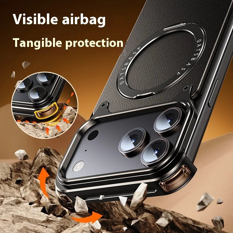 iPhone 17 Pro Max Air Phone Case Genuine Leather Magsafe Frameless Shell With 360°Rotate Magnetic Stand Anti-Drop Cover