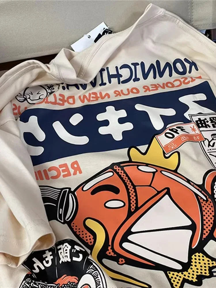 Parent-child Clothing Summer Ins Harajuku Japanese Carp Short-sleeved T-shirt Men's Tide Brand Street Loose Couple Tops Clothing