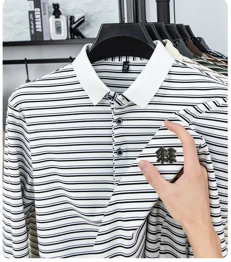 Men's Striped Long Sleeved T-shirt Polo Shirt Button Up Men's Stand Up Collar, Winter Double-sided German Velvet Base Shirt