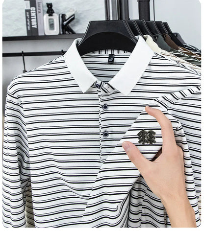 Men's Striped Long Sleeved T-shirt Polo Shirt Button Up Men's Stand Up Collar, Winter Double-sided German Velvet Base Shirt