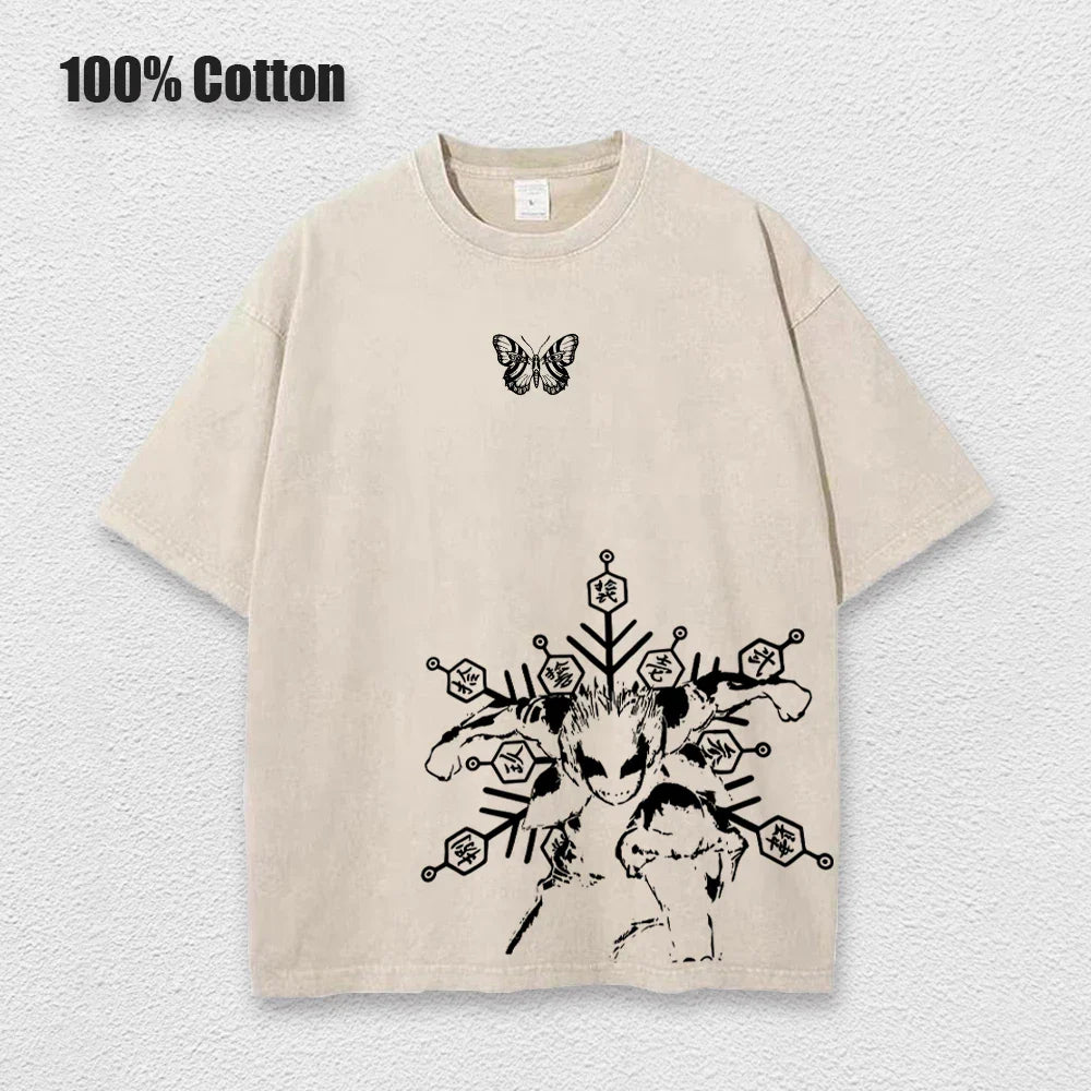 Anime Printed Washed Tshirt Demon Slayer Akaza Poster Performance Top Men Retro Harajuku Style Pullover Short Sleeves Unisex