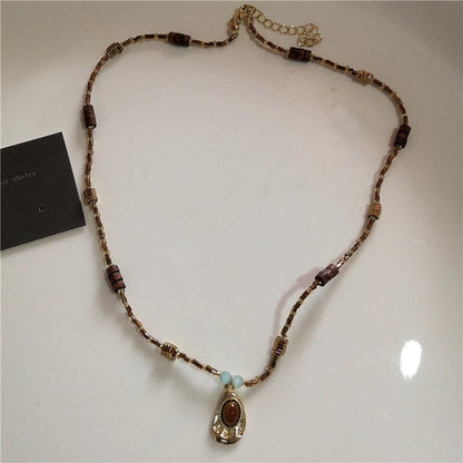Vintage Leather Brown Stone Sun Pendant Beaded Choker Clavicle Chain Necklace For Women Unique Y2K Personalized Grunge Jewelry