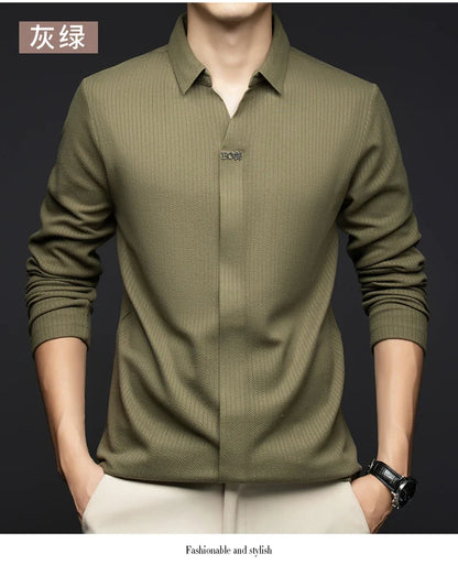 Men's Business Casual Solid Color Stretch V-neck POLO Shirt Daily Commute Striped Sweater for Fall 2024.