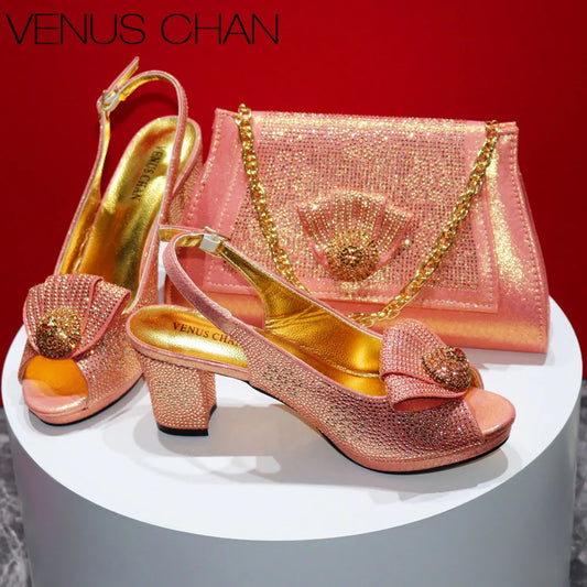 Mature Sweet Spot Good Arrival Peach Color Square Heels Peep Toe Shoes Matching Bag Set For Nigerian Women Wedding Party Pump