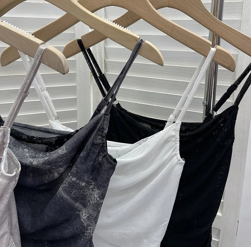 Summer Y2K Camisole for Women Casual Spaghetti Straps Double Layers Lace Stretch Mesh Patchwork Asymmetrical Slim Tops