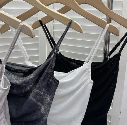 Summer Y2K Camisole for Women Casual Spaghetti Straps Double Layers Lace Stretch Mesh Patchwork Asymmetrical Slim Tops