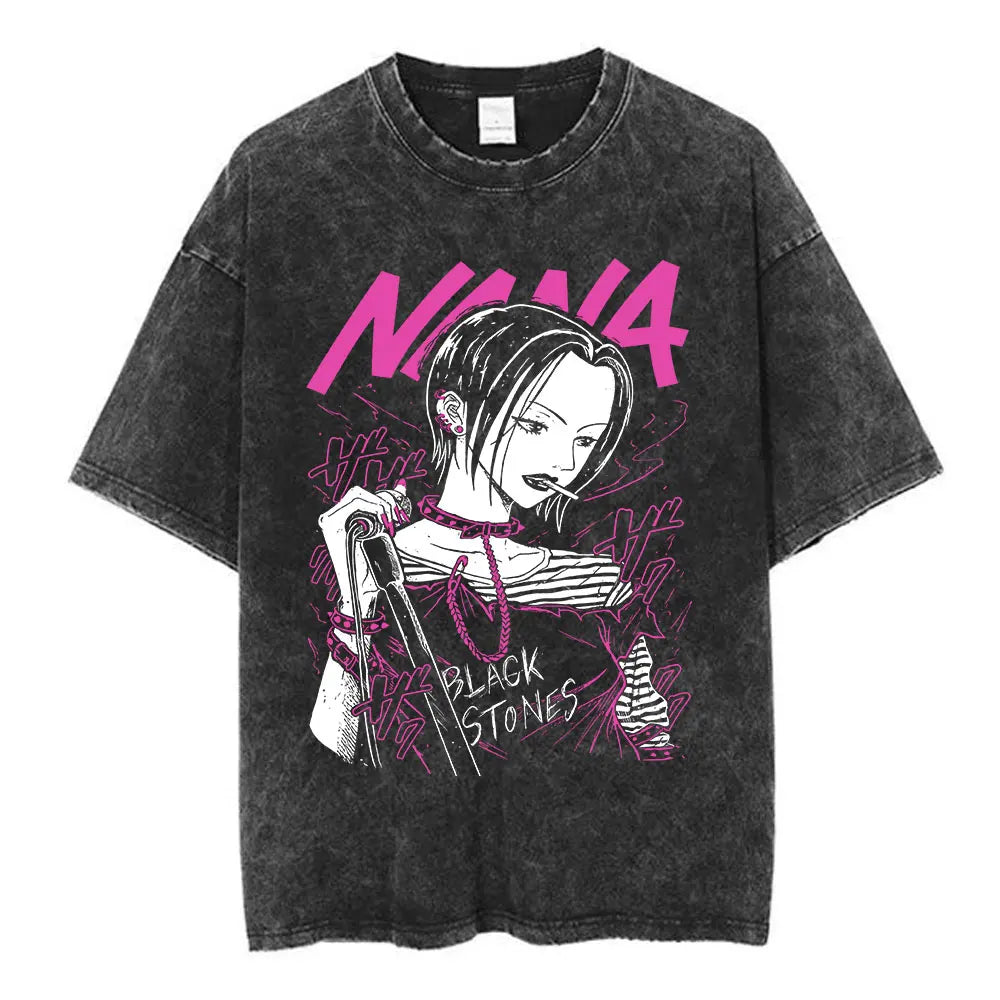Nana Osaki Japanese Anime Vintage Washed T-shirt Men's Women Clothing Harajuku Short Sleeve T-shirts 100% Cotton Casual T Shirts