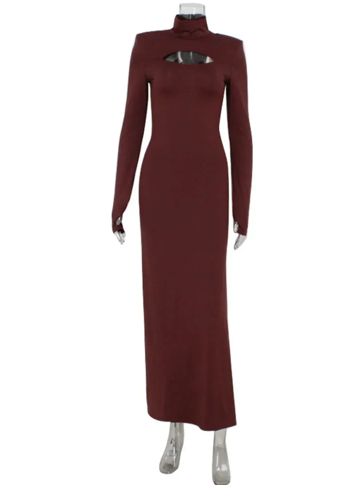 Sheath Women's Maxi Dresses Solid Turtleneck Regular Long Sleeves Hollow Out Slim Fit Bodycon Party Vestidos Robes