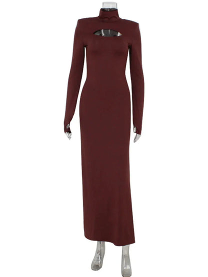 Sheath Women's Maxi Dresses Solid Turtleneck Regular Long Sleeves Hollow Out Slim Fit Bodycon Party Vestidos Robes