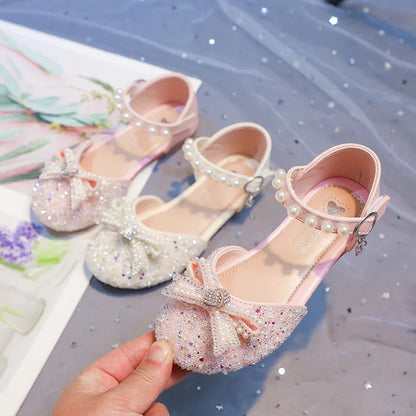 2026 Girls' Princess Shoes Spring And Summer Sandals White Flat Dress Shoes Pearl Decoration For Kids And Teens
