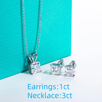 2-5ct Asscher Moissanite Necklace 0.5-3ct Earrings 925 Sterling Silver 18k Gold Plated Wedding Jewelry Set for Woman