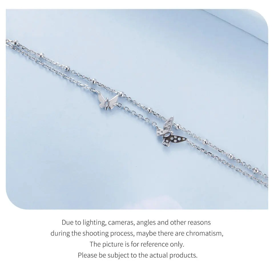 Womens Double-Layer Butterfly Bracelet 925 Sterling Silver CZ Layered Bracelet Dainty Beaded Chain Adjustable 5.9"+2.3"