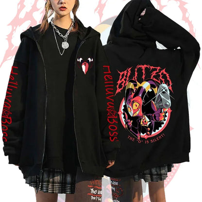 Print Hooded Zipper Men Women Casual Fashion Fall Winter Warm Vintage Long Sleeve Tops Fleece Zip-Up Sweatshirts