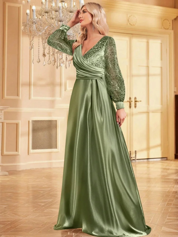 Luxury Blue V-Neck Sequin Evening Dress 2024 Elegant Women Party Maxi Dress Long Sleeve Cocktail Dress Prom Gown