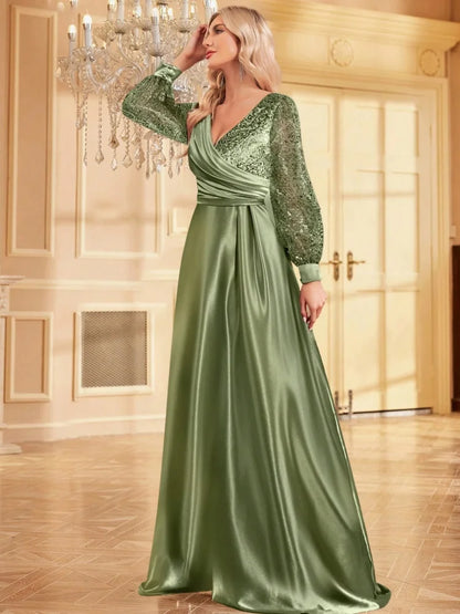 Luxury Blue V-Neck Sequin Evening Dress 2024 Elegant Women Party Maxi Dress Long Sleeve Cocktail Dress Prom Gown