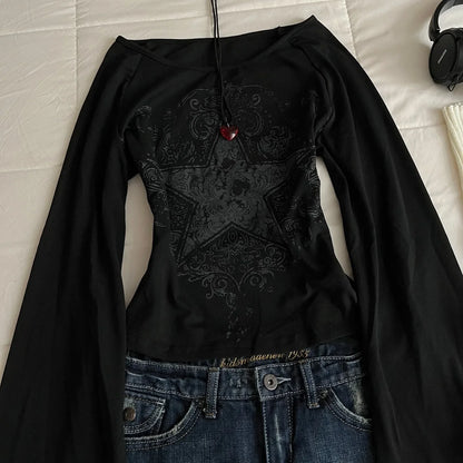 Y2K Grunge Emo Pattern Top Suitable for Autumn E-Girls Millennium Style Women's Aesthetic Gothic Printed Loose Long Sleeve T-shi