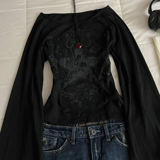 Y2K Grunge Emo Pattern Top Suitable for Autumn E-Girls Millennium Style Women's Aesthetic Gothic Printed Loose Long Sleeve T-shi