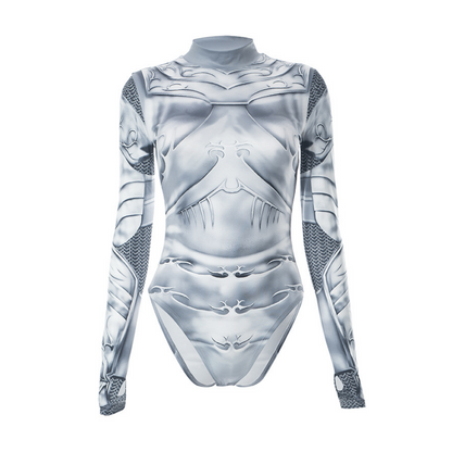 Printed Skinny Sexy Bodysuit Lingerie Gray One-pieces Bustier Long Sleeve Corset Top Streetwear Fashion Trends Women Clothing