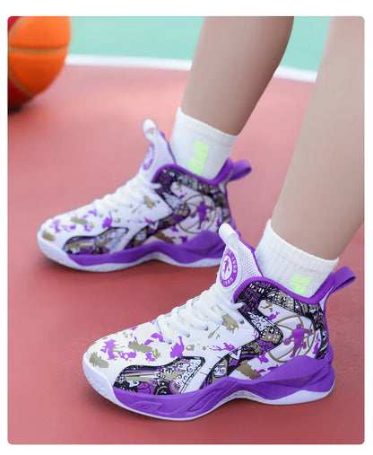 Original Children's Basketball Shoes Fashion Print Purple Basketball Sneakers Kids Training Shoes High Top Sports Shoes For Boys