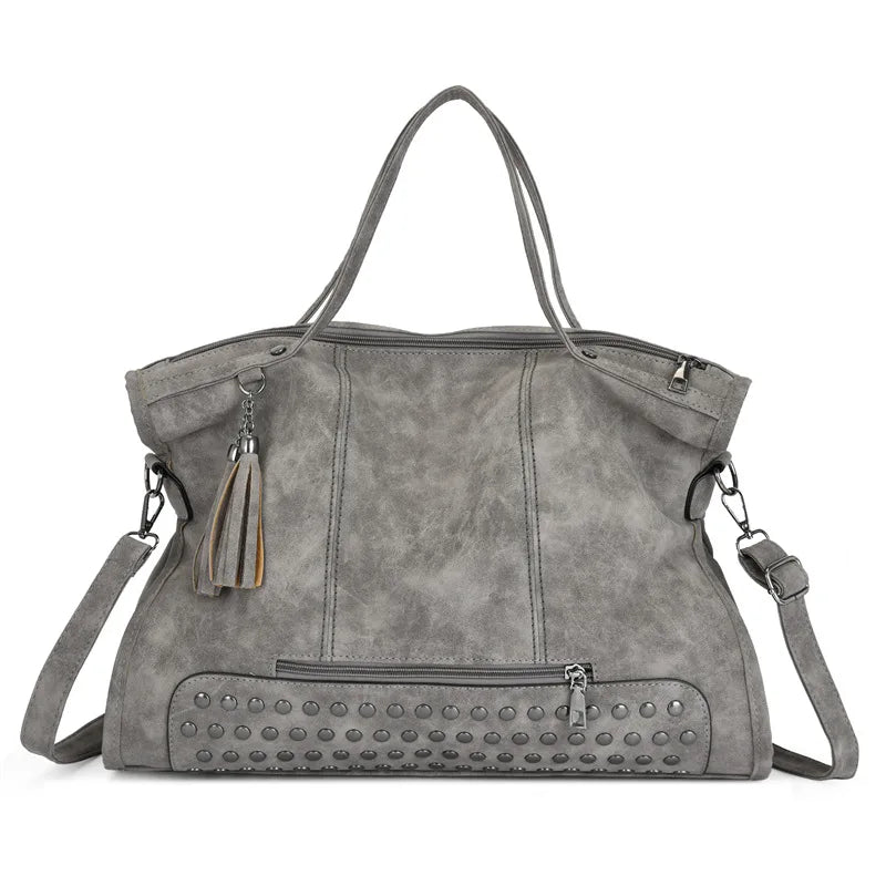 Vintage Designer Luxury Women Tote Bag Casual Lage Capacity Handbags Fashion Rivet Tassel PU Leather Female Shoulder Bag