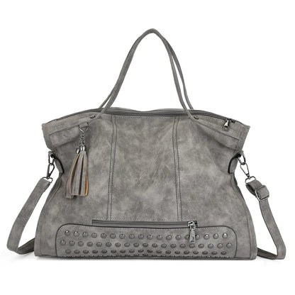 Vintage Designer Luxury Women Tote Bag Casual Lage Capacity Handbags Fashion Rivet Tassel PU Leather Female Shoulder Bag
