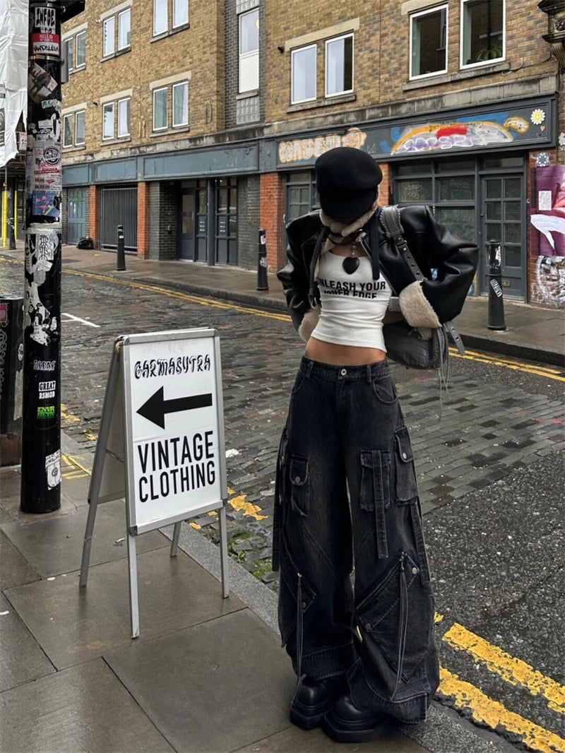 Women's Black Gothic Baggy Cargo Jeans Harajuku Oversize Denim Trousers Y2k 90s Vintage 2000s Emo Jean Pants Trashy Clothes 2024