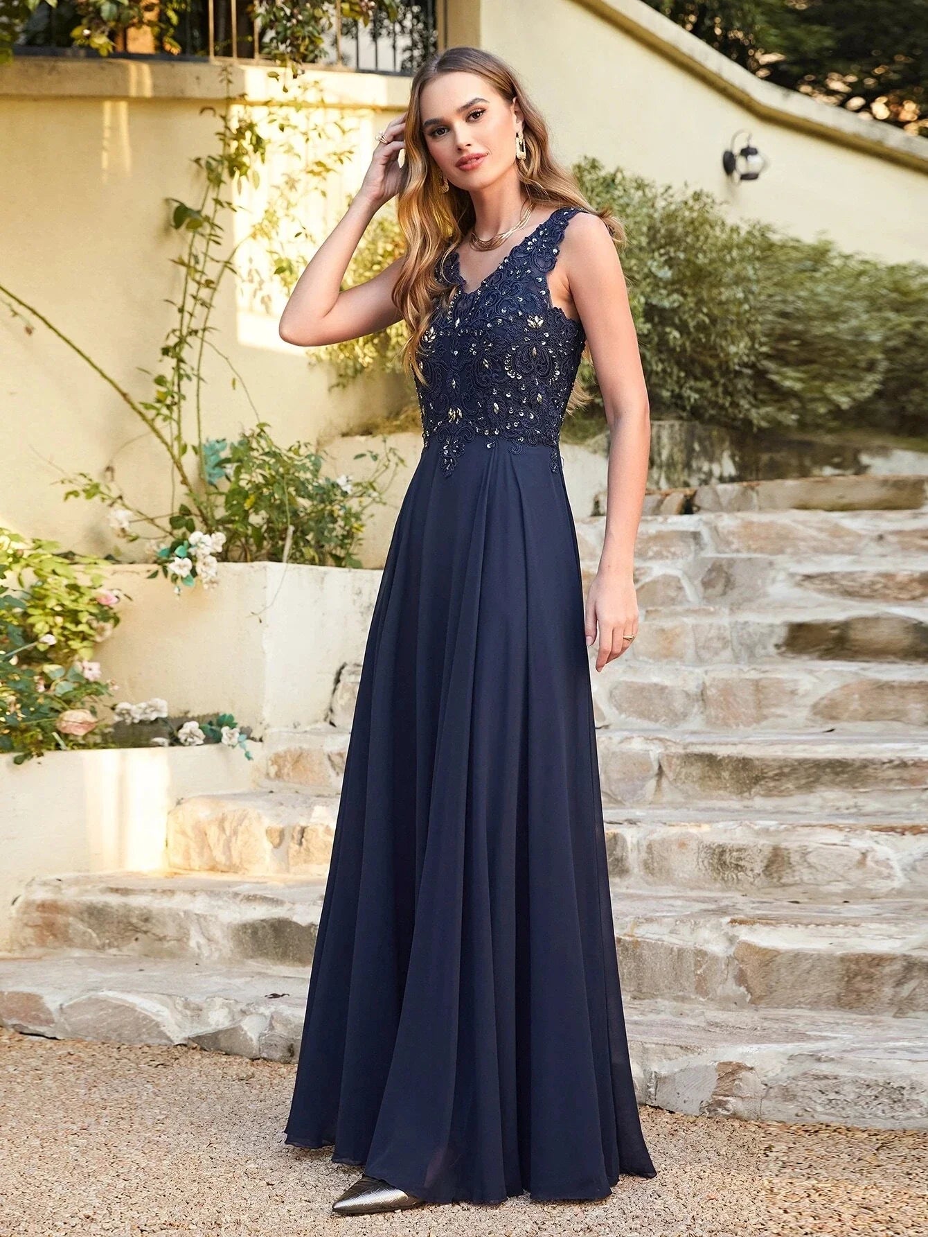 BABYONLINE V-Neckline Lace Pearls Beadings Stones Bodice Prom Dress Sexy Open Back Chiffon A-line Skirt Formal Formal Ball Gown