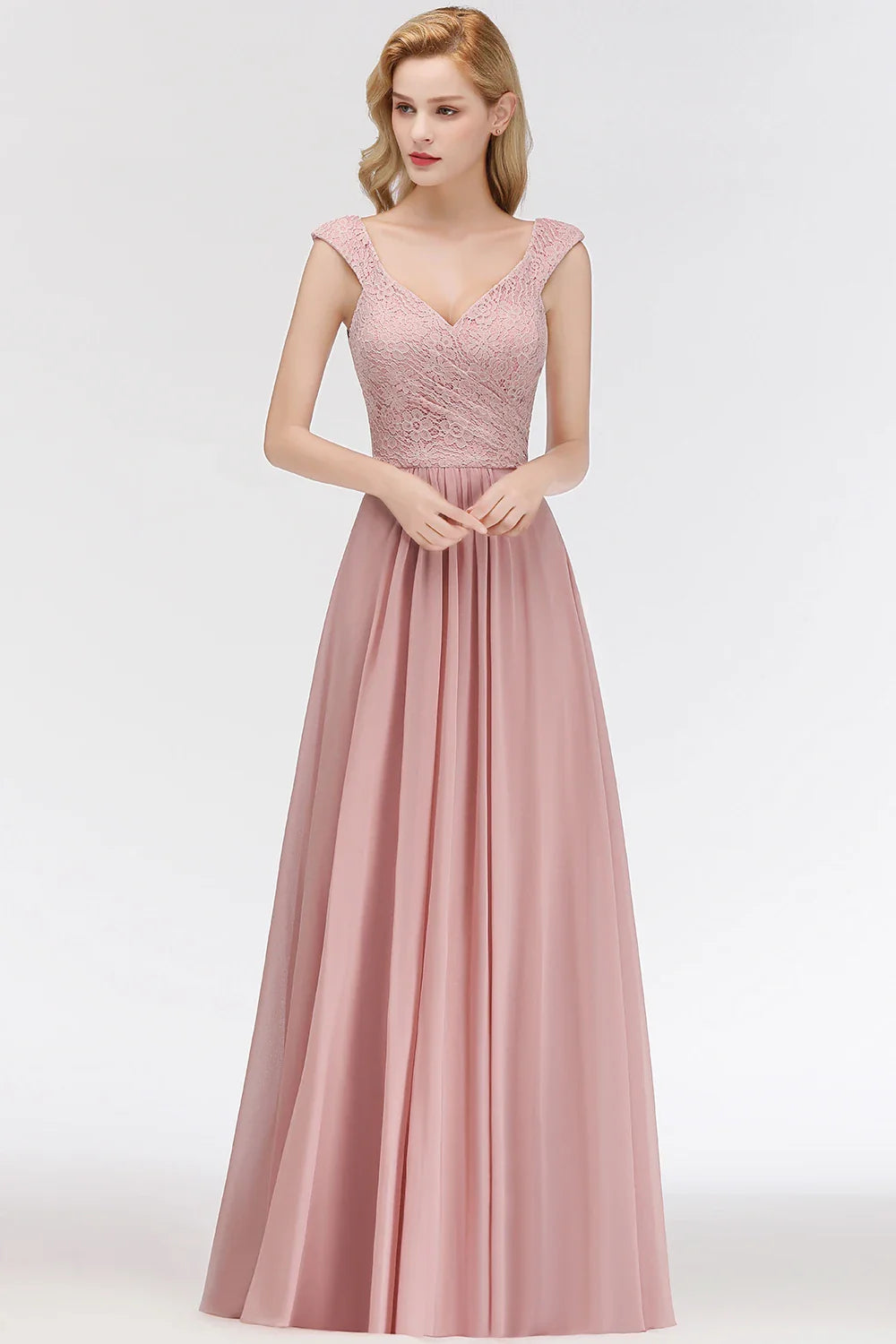 Dusty Pink Lace Chiffon Long Evening Dresses Women A-line Sleeveless Bridesmaid Formal Wedding Party Prom Gowns Robe De Soiree