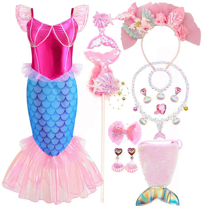 Blue Red Purple Three Colors Mermaid Flying Sleeve Fishtail Beautiful Dress For Girl Summer Beach Party Cool Swimsuit Set