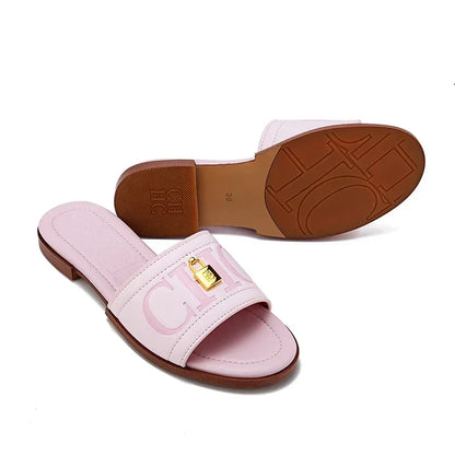 Fashion Monogram Print Elegant Design Women's Low Heeled Slippers Solid Color High Quality Metal Lock Simple Single Shoes