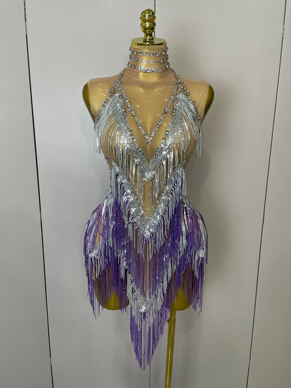 Women Sexy Stretch Mesh Sparkly Rhinestone Tassels Mini Dress Nightclub Singer Dance Stage Costume Evening Gowns