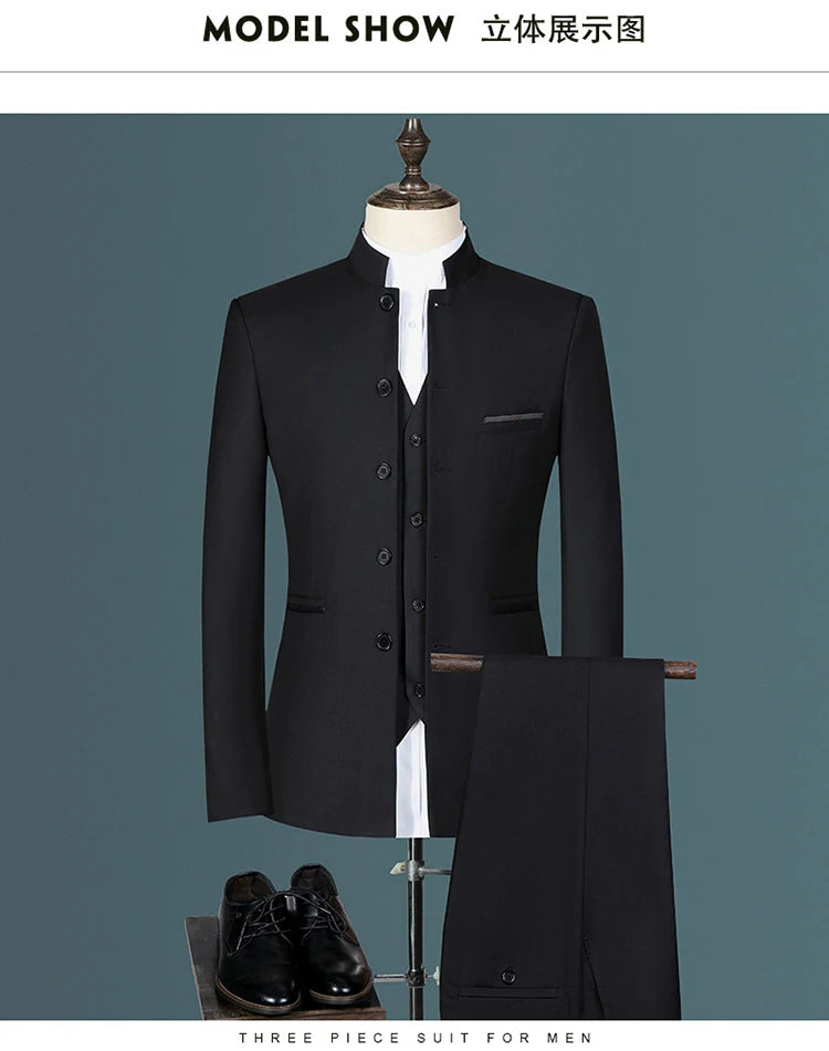 Suit (Blazer+ Vest + Pants) Men's Fashion Gentleman Business Outdoor Standing Collar Gentleman Wedding Work Casual MAO Suit