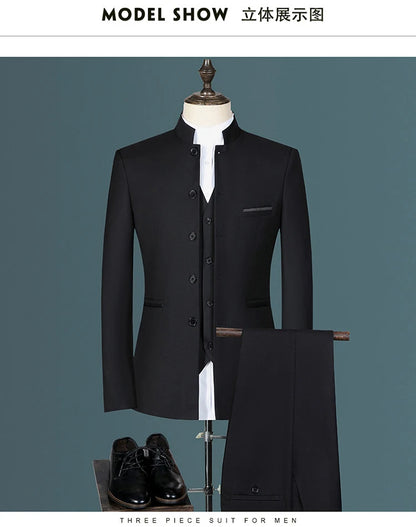 Suit (Blazer+ Vest + Pants) Men's Fashion Gentleman Business Outdoor Standing Collar Gentleman Wedding Work Casual MAO Suit