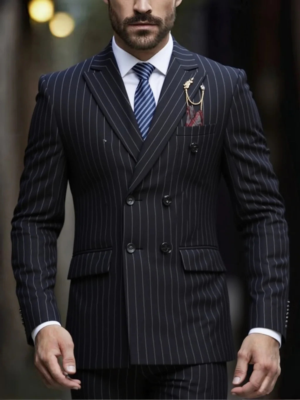 Men's Pinstripe Suit Set Classic Double Breasted Peak Lapel Slim Fit 2 Piece Blazer Pants For Business Formal Wedding