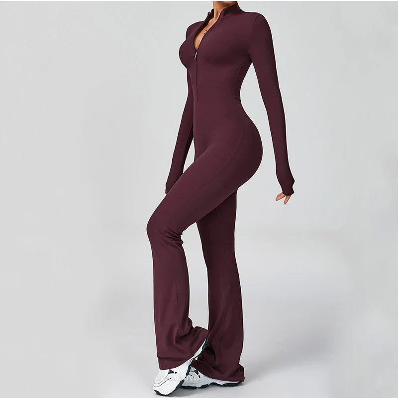VITALINOVO Women Long Sleeve Flare Workout Jumpsuit Zip Up Romper Bottom Pants Wide Leg Full Length Bodysuit Bodycon One Piece