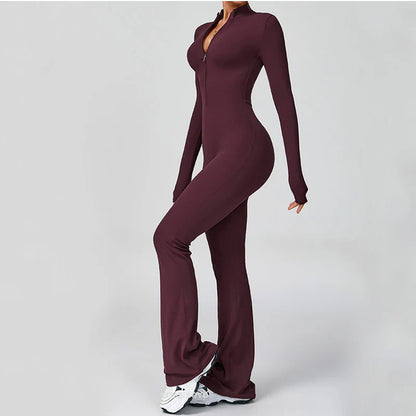 VITALINOVO Women Long Sleeve Flare Workout Jumpsuit Zip Up Romper Bottom Pants Wide Leg Full Length Bodysuit Bodycon One Piece