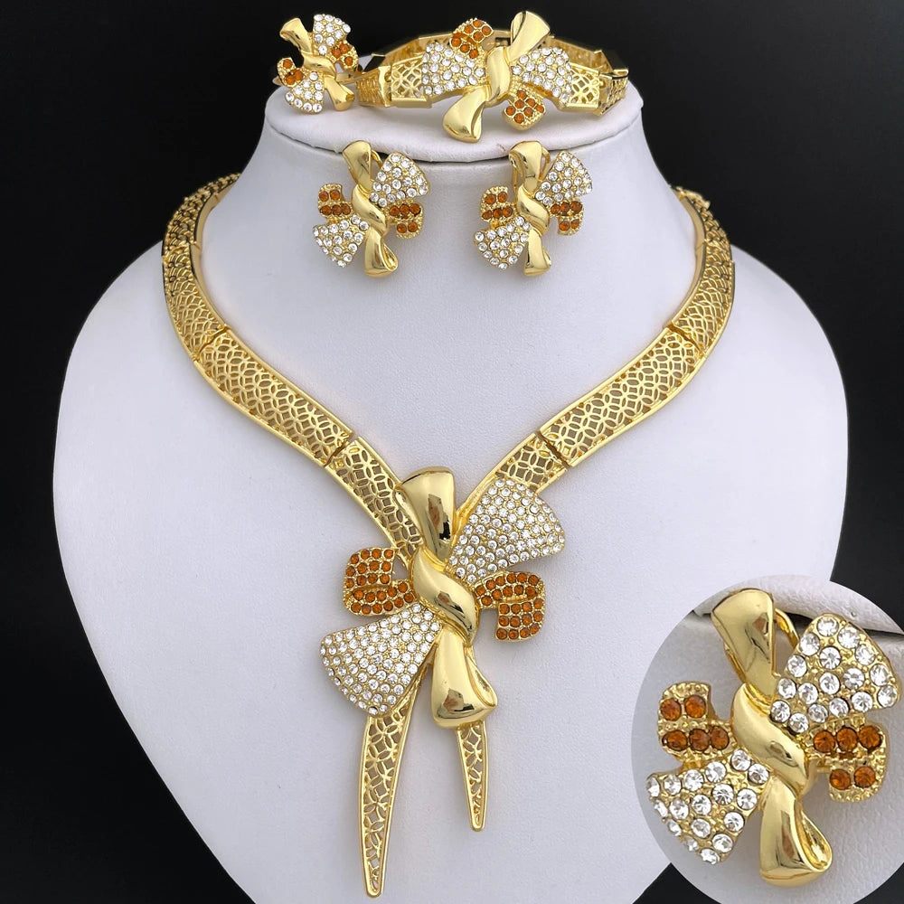 Conjunto de Joias Femininas Banhadas a Ouro 18k, Design Clássico, Colar, Brinco, Pulseira e Anel, Conjunto de 4 Peças, Joias para Festa de Casamento, Itália