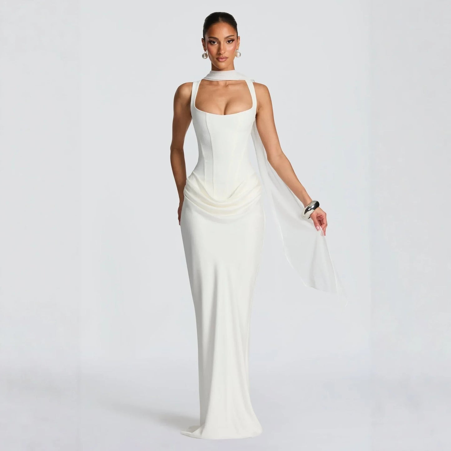 Women's casual long sleeved slim fit fishbone pure desire suspender jumpsuit long skirt slim fit solid color hip hugging dress