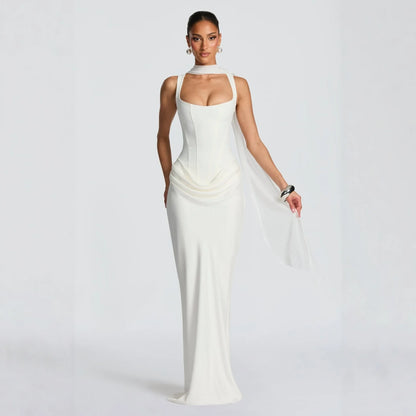 Women's casual long sleeved slim fit fishbone pure desire suspender jumpsuit long skirt slim fit solid color hip hugging dress