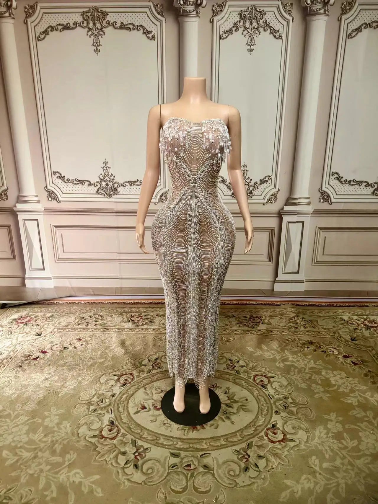 Silver Rhinestone Crystals Chains Transparent Long Dress Evening Birthday Celebrate Dress Sexy Performance plus size